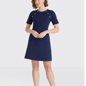 Draper James Womens Short Sleeve Round Neck Embellished Shift Dress Navy Size XS